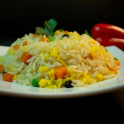Plato de arroz amarillo con verduras frescas y coloridas