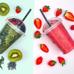 Imágenes coloridas y apetitosas de smoothies, zumos y jugos veganos para disfrutar en cualquier momento del día.