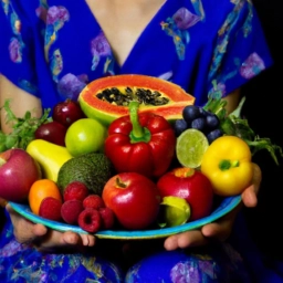 Una persona sosteniendo un plato colorido de frutas, verduras y legumbres frescas, representando la diversidad y energía de la dieta vegana.