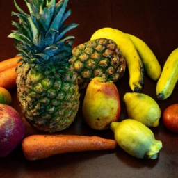 Imagen de una variedad de frutas y verduras frescas sobre una mesa