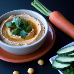 Hummus de lentejas casero servido con hojas de cilantro fresco en un tazón de cerámica, acompañado de palitos de zanahoria y pepino.