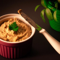 Hummus de lentejas casero en un tazón decorado con hojas verdes y un tenedor. Una opción deliciosa y saludable para untar con vegetales o crackers.