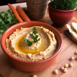 Hummus de lentejas casero en un tazón decorado con hierbas frescas y listo para disfrutar con crudités.