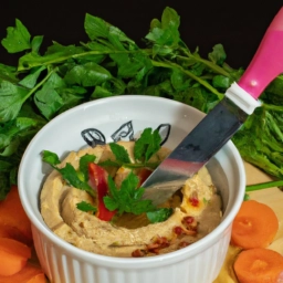 Hummus de lentejas casero en un tazón decorado con hojas verdes, acompañado de crudité de verduras y un tenedor. Una opción deliciosa y saludable para disfrutar como dip.