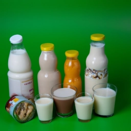 Imagen de una variedad de alternativas a la leche animal, como leche de almendra, de soja, de avena, entre otras, en envases coloridos y llamativos.