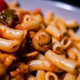 Deliciosos macarrones vegetarianos con una sabrosa salsa de tomate, setas y verduras.