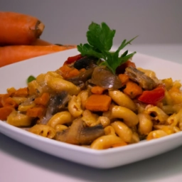 Deliciosos macarrones vegetarianos con salsa de tomate casera, champiñones frescos y una colorida variedad de verduras.