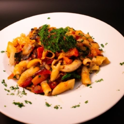 Deliciosos macarrones vegetarianos con salsa de tomate, setas y una variedad de verduras frescas.