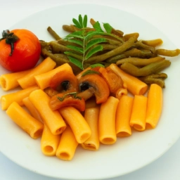 Plato de macarrones vegetarianos preparados con tomate, setas y una variedad de verduras frescas.