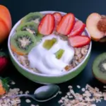 Cuenco de avena fría con frutas y yogur