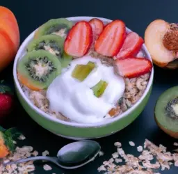 Cuenco de avena fría con frutas y yogur
