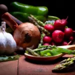 Imagen de lista de ingredientes frescos con una cuchara sobre un fondo de cocina rústica