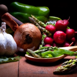 Imagen de lista de ingredientes frescos con una cuchara sobre un fondo de cocina rústica