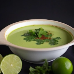 Foto de una sopa verde cremosa con trozos de aguacate, cilantro y chile, servida en un tazón decorado con rodajas de limón y hojas de cilantro. Una opción deliciosa y refrescante para disfrutar en cualquier momento.