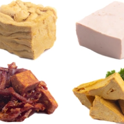Imagen comparativa de sustitutos veganos de la carne: tofu, tempeh, seitán y jackfruit.