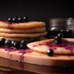 Imagen de tortitas americanas con arándanos recién hechas y sirope de arce drígido, listas para ser disfrutadas.