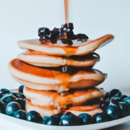 Imagen de unas tortitas americanas esponjosas con arándanos y sirope de maple.
