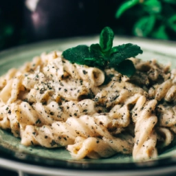 Plato de pasta vegana con salsa cremosa y hierbas frescas